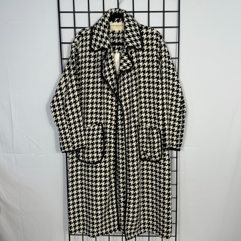 Promesa Open Front Houndstooth Coat‎ Womens Small Black Oversized Pockets Boho